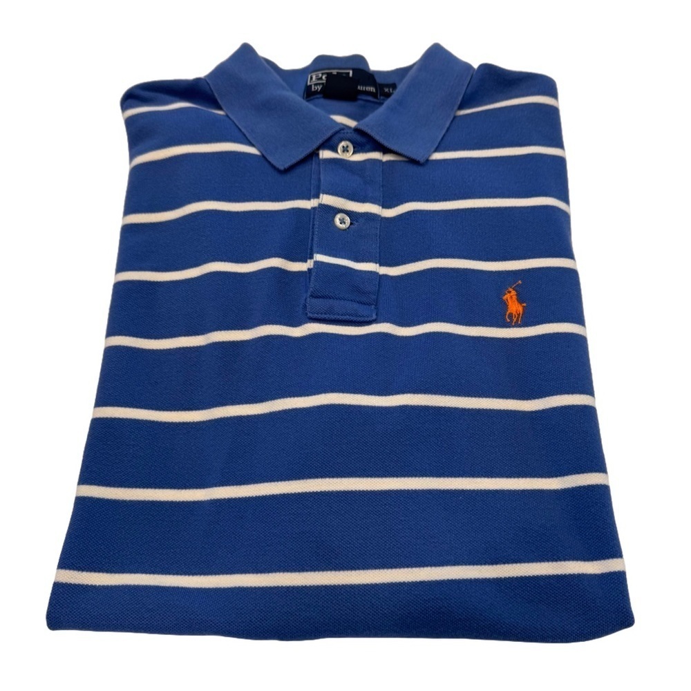 Ralph Lauren Polo Shirt Mens Sz XL  Blue Striped Short Sleeve Cotton Pony Logo